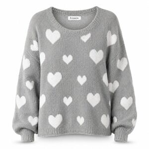 Judson Womens Sweater L Gray Heart Print Eyelash Knit Romantic Cozy Slouchy Soft